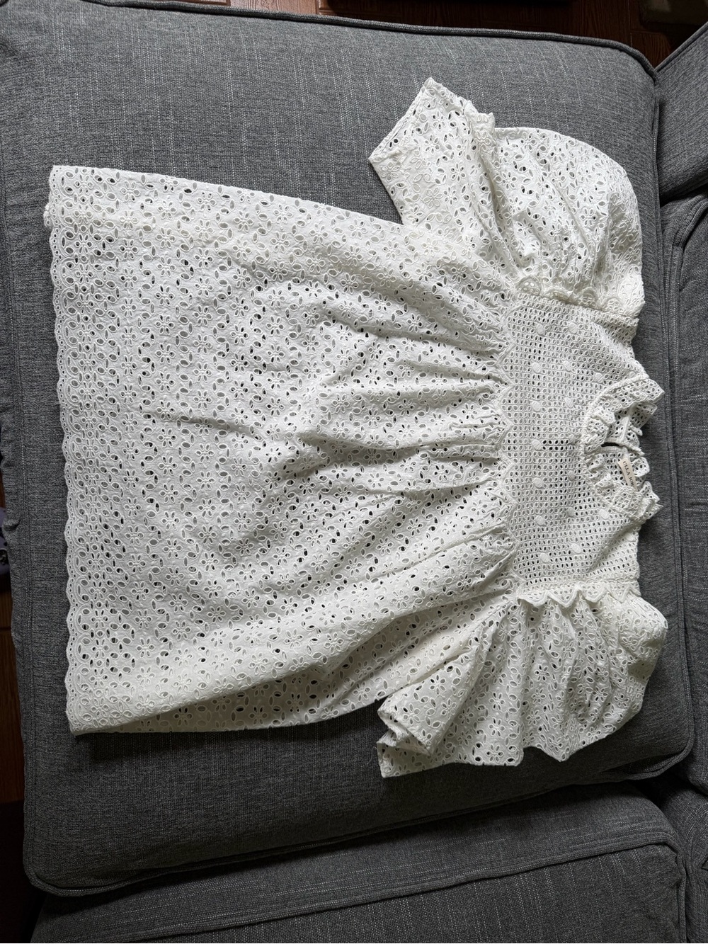 Ulla Johnson White Eyelet Crochet Yoke Puff-Sleeve Blouse